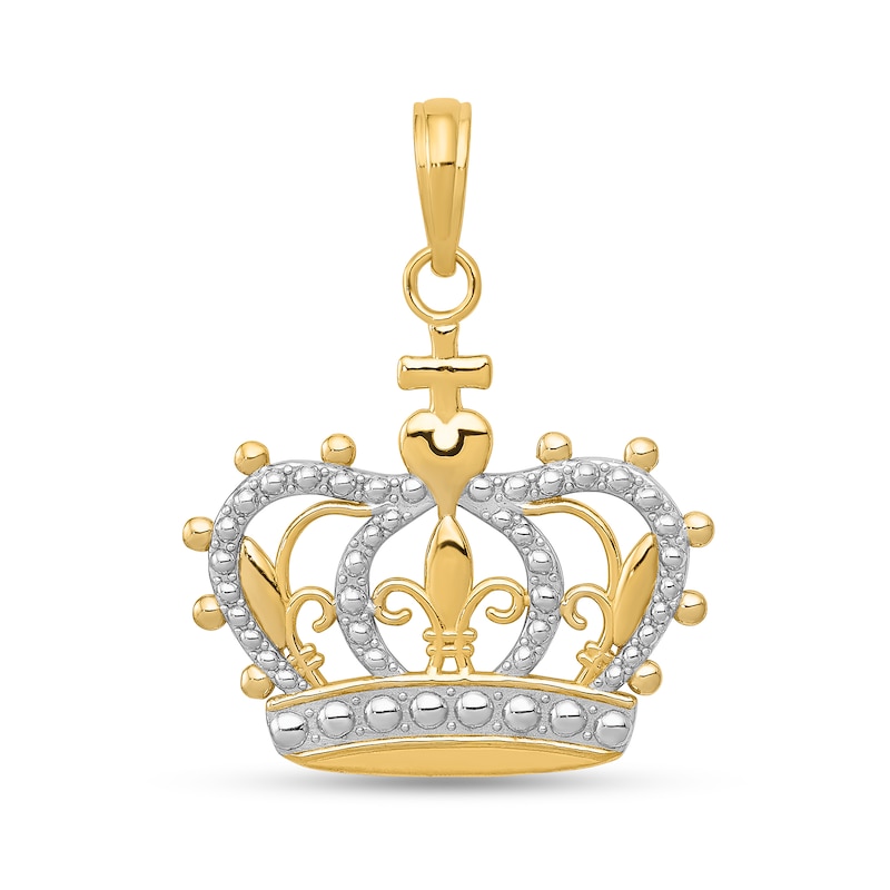 Main Image 1 of Fleur-de-Lis Crown Necklace Charm in Solid 14K Two-Tone Gold