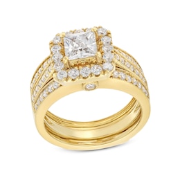 2 CT. T.W. Princess-Cut Certified Lab-Grown Diamond Cushion-Shaped Frame Bridal Set in 14K Gold (F/VS2)