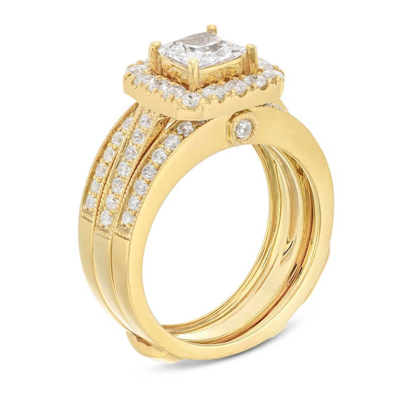 Main Image 3 of 2 CT. T.W. Princess-Cut Certified Lab-Grown Diamond Cushion-Shaped Frame Bridal Set in 14K Gold (F/VS2)