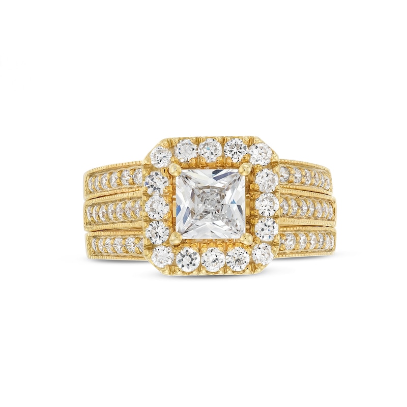 Main Image 4 of 2 CT. T.W. Princess-Cut Certified Lab-Grown Diamond Cushion-Shaped Frame Bridal Set in 14K Gold (F/VS2)