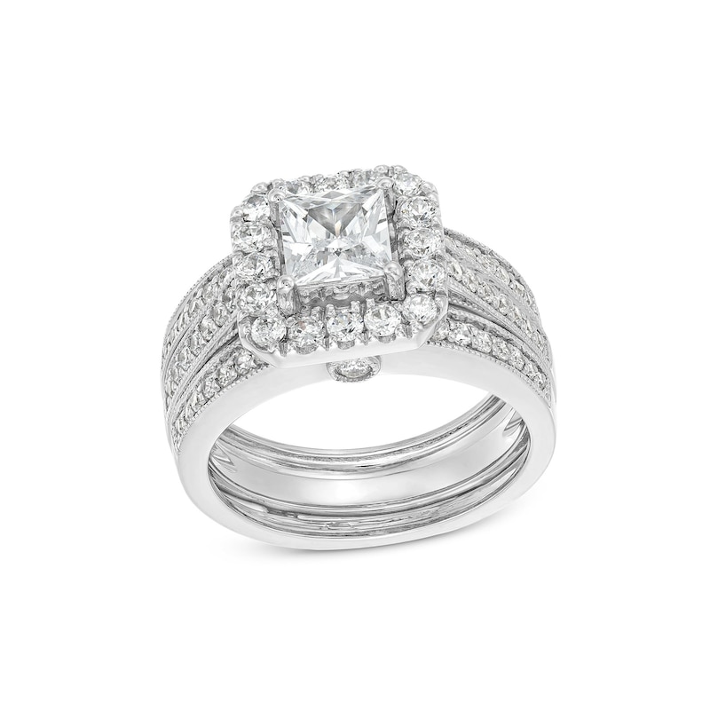 Main Image 1 of 2 CT. T.W. Princess-Cut Certified Lab-Grown Diamond Cushion-Shaped Frame Bridal Set in 14K White Gold (F/VS2)