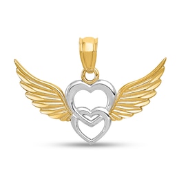 Diamond-Cut Double Heart with Wings Necklace Charm in Solid 14K Two-Tone Gold