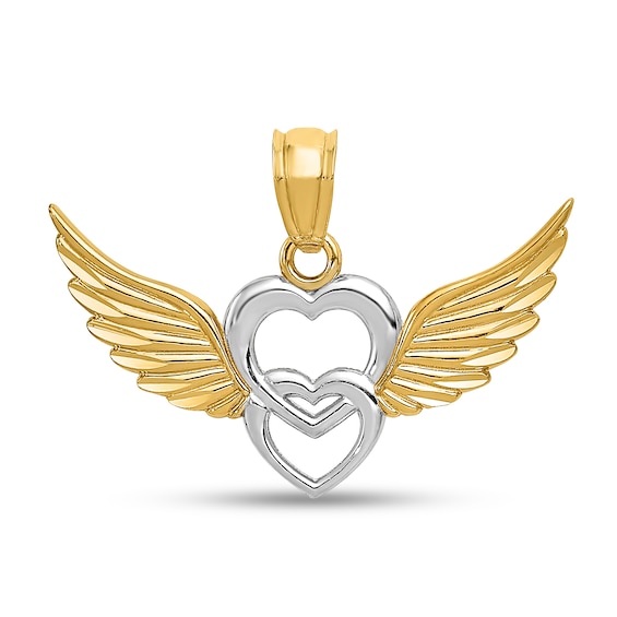 Diamond-Cut Double Heart with Wings Necklace Charm in Solid 14K Two-Tone Gold