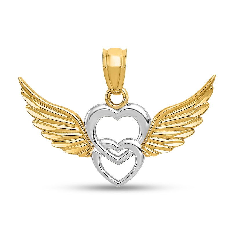 Main Image 1 of Diamond-Cut Double Heart with Wings Necklace Charm in Solid 14K Two-Tone Gold