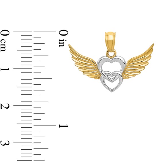 Diamond-Cut Double Heart with Wings Necklace Charm in Solid 14K Two-Tone Gold