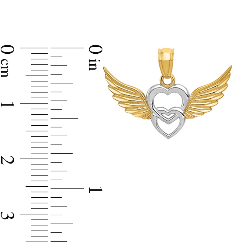Main Image 2 of Diamond-Cut Double Heart with Wings Necklace Charm in Solid 14K Two-Tone Gold