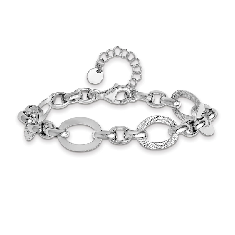 Main Image 1 of 11.4mm Oval Polished and Textured Link Bracelet in Hollow Sterling Silver - 7.5”