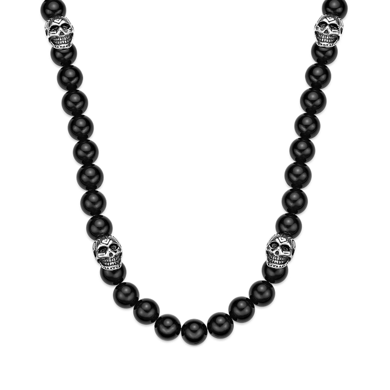Main Image 1 of 10.0mm Black Agate Bead Necklace with Skull Beads in Stainless Steel - 24”