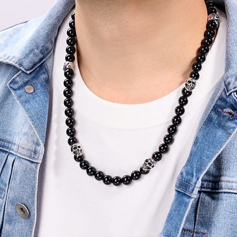 Main Image 2 of 10.0mm Black Agate Bead Necklace with Skull Beads in Stainless Steel - 24”