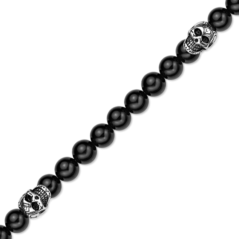 Main Image 3 of 10.0mm Black Agate Bead Necklace with Skull Beads in Stainless Steel - 24”