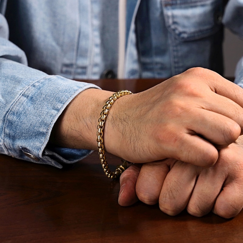 Main Image 2 of 6.0mm Box Chain Bracelet in Solid Stainless Steel and Yellow Ion Plate - 8.5”
