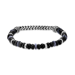 Black Agate, Labradorite and Hematite Bead Chain Stretch Bracelet in Stainless Steel - 8.5”