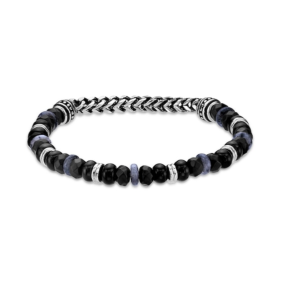 Black Agate, Labradorite and Hematite Bead Chain Stretch Bracelet in Stainless Steel - 8.5â