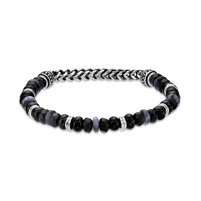 Main Image 1 of Black Agate, Labradorite and Hematite Bead Chain Stretch Bracelet in Stainless Steel - 8.5”