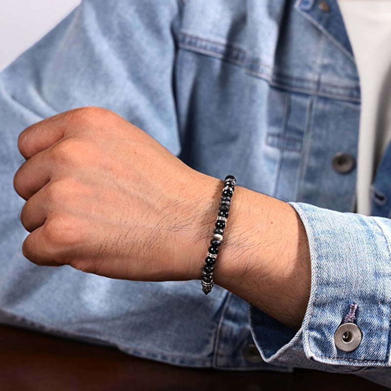 Main Image 2 of Black Agate, Labradorite and Hematite Bead Chain Stretch Bracelet in Stainless Steel - 8.5”