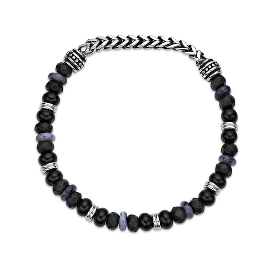 Black Agate, Labradorite and Hematite Bead Chain Stretch Bracelet in Stainless Steel - 8.5â