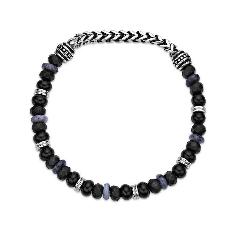 Main Image 3 of Black Agate, Labradorite and Hematite Bead Chain Stretch Bracelet in Stainless Steel - 8.5”