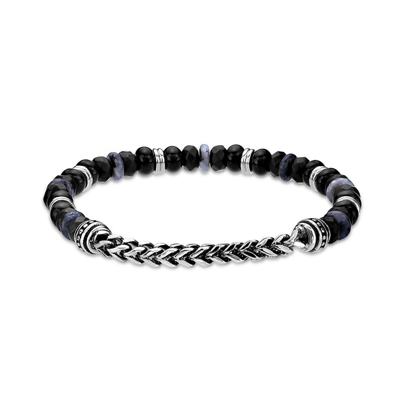Main Image 4 of Black Agate, Labradorite and Hematite Bead Chain Stretch Bracelet in Stainless Steel - 8.5”