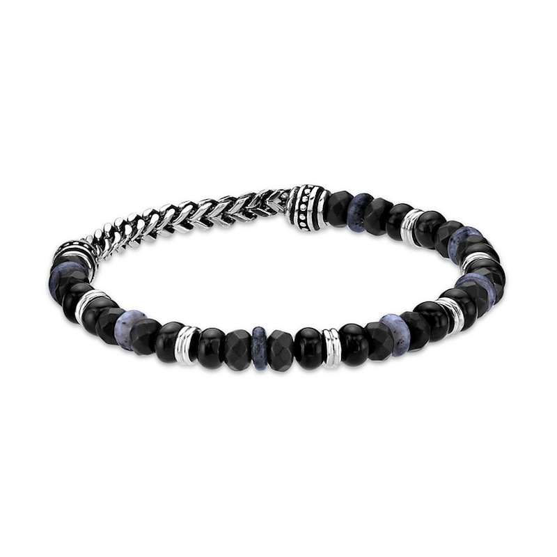 Main Image 5 of Black Agate, Labradorite and Hematite Bead Chain Stretch Bracelet in Stainless Steel - 8.5”