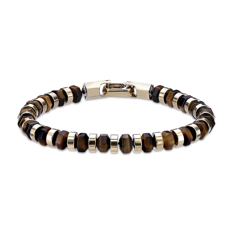 Main Image 1 of Tiger’s Eye Hexagon Bead Bracelet in Stainless Steel with Yellow Ion Plate - 8.5”