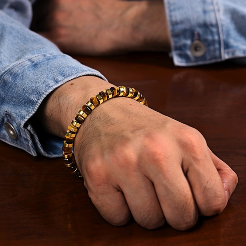 Main Image 2 of Tiger’s Eye Hexagon Bead Bracelet in Stainless Steel with Yellow Ion Plate - 8.5”