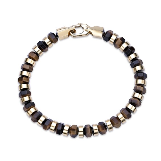 Tigerâs Eye Hexagon Bead Bracelet in Stainless Steel with Yellow Ion Plate - 8.5â