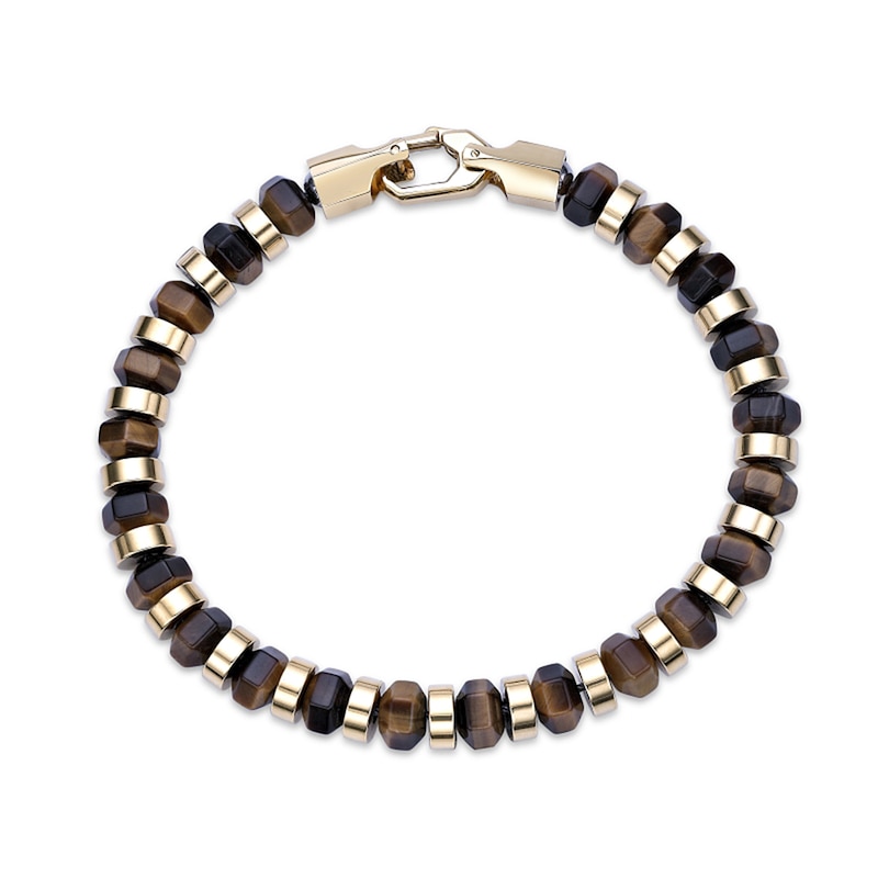 Main Image 3 of Tiger’s Eye Hexagon Bead Bracelet in Stainless Steel with Yellow Ion Plate - 8.5”