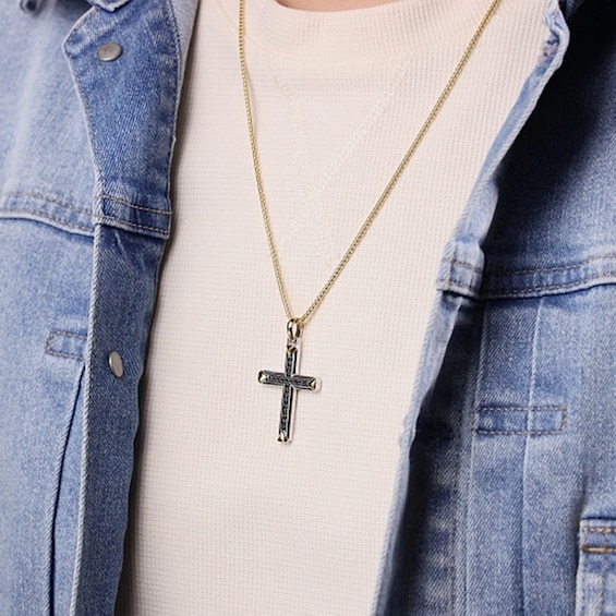 1/3 CT. T.w. Black Diamond Cross Pendant in Sterling Silver and 14K Gold Plate - 24â