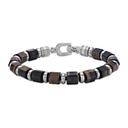 9.0mm Tiger’s Eye Hexagon Barrel Bead Bracelet in Stainless Steel - 8.5”