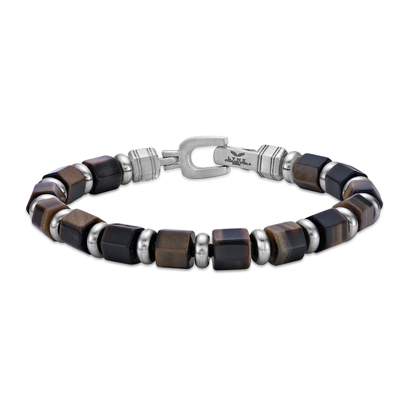 Main Image 1 of 9.0mm Tiger’s Eye Hexagon Barrel Bead Bracelet in Stainless Steel - 8.5”