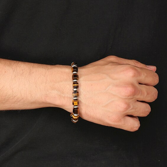 9.0mm Tiger’s Eye Hexagon Barrel Bead Bracelet in Stainless Steel - 8.5”