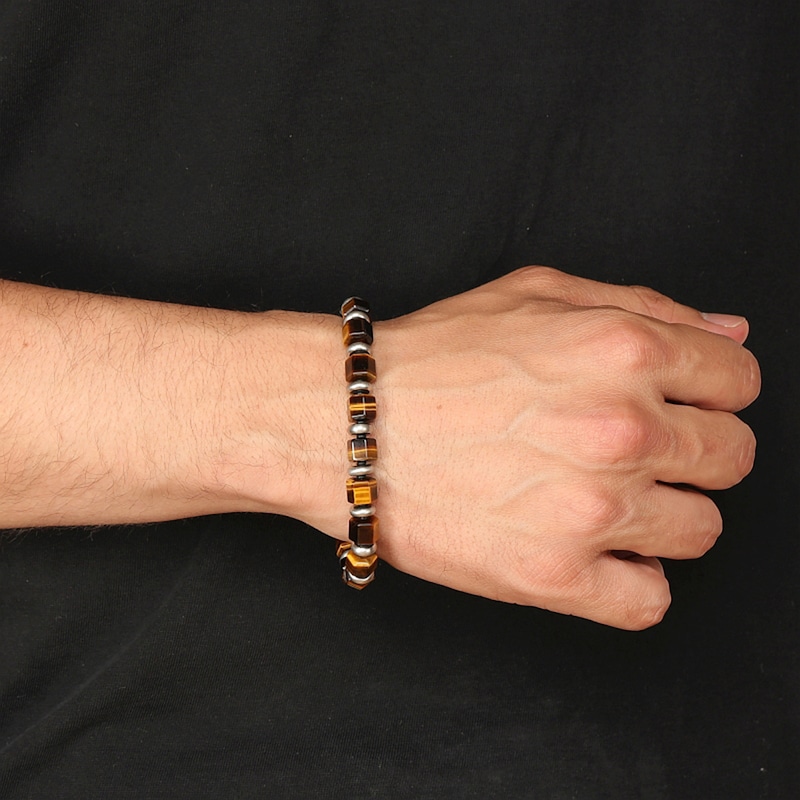 Main Image 2 of 9.0mm Tiger’s Eye Hexagon Barrel Bead Bracelet in Stainless Steel - 8.5”