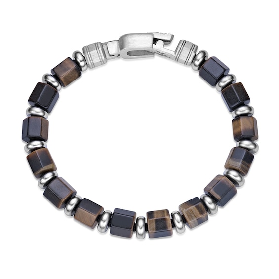 9.0mm Tiger’s Eye Hexagon Barrel Bead Bracelet in Stainless Steel - 8.5”
