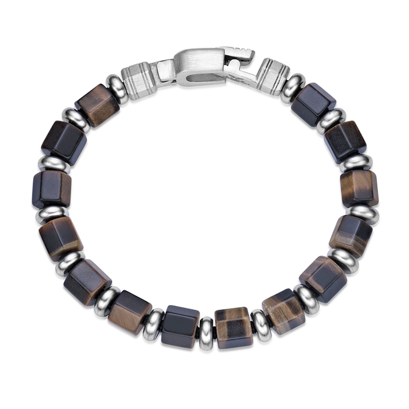 Main Image 3 of 9.0mm Tiger’s Eye Hexagon Barrel Bead Bracelet in Stainless Steel - 8.5”