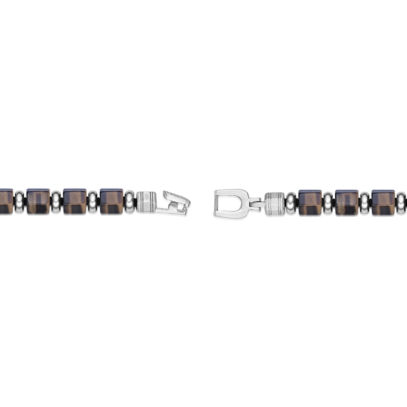 Main Image 5 of 9.0mm Tiger’s Eye Hexagon Barrel Bead Bracelet in Stainless Steel - 8.5”
