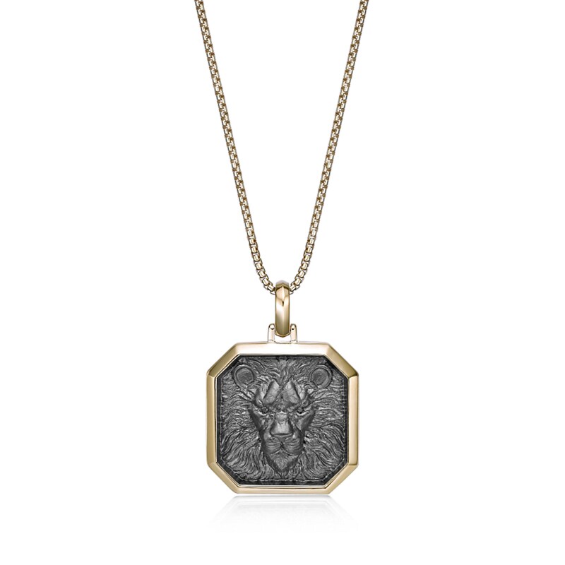 Main Image 1 of Black Diamond Accent Antique-Finish Lion Octagon Pendant in Sterling Silver with 14K Gold Plate - 24”