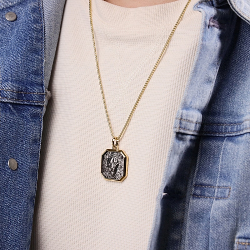 Main Image 2 of Black Diamond Accent Antique-Finish Lion Octagon Pendant in Sterling Silver with 14K Gold Plate - 24”