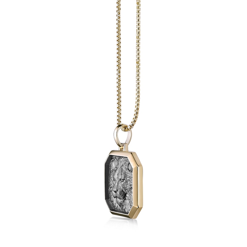 Main Image 3 of Black Diamond Accent Antique-Finish Lion Octagon Pendant in Sterling Silver with 14K Gold Plate - 24”