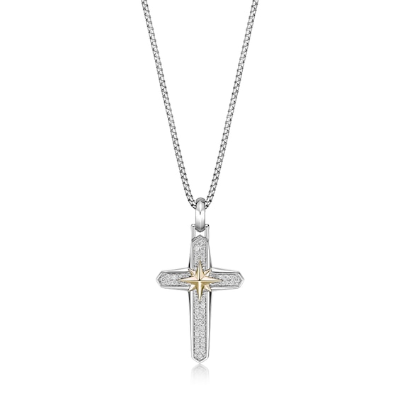 1/2 CT. T.w. Diamond Cross with Star Pendant in Sterling Silver with 14K Gold Plate - 24â