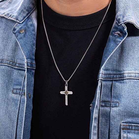1/2 CT. T.w. Diamond Cross with Star Pendant in Sterling Silver with 14K Gold Plate - 24â
