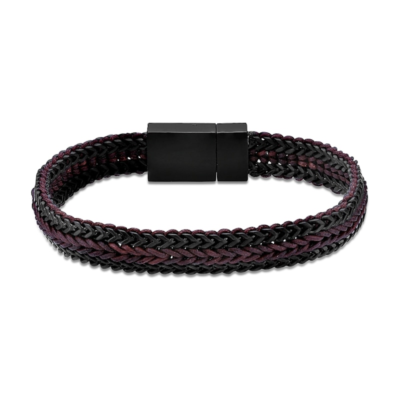 Main Image 1 of Foxtail Chain and Red Cord Woven Bracelet in Stainless Steel with Black Ion Plate - 8.5”