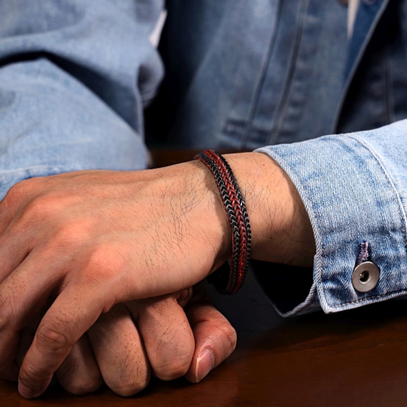 Main Image 2 of Foxtail Chain and Red Cord Woven Bracelet in Stainless Steel with Black Ion Plate - 8.5”