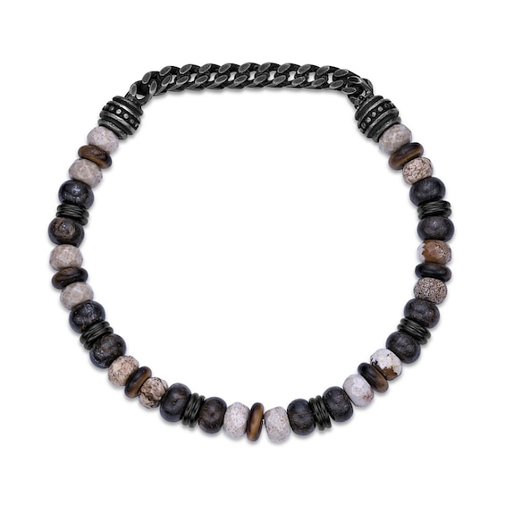 Tigerâs Eye, Jasper and Chalcedony Bead Chain Stretch Bracelet in Stainless Steel with Black Ion Plate - 8.5â