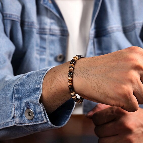 Tiger’s Eye, Jasper and Chalcedony Bead Chain Stretch Bracelet in Stainless Steel with Black Ion Plate - 8.5”