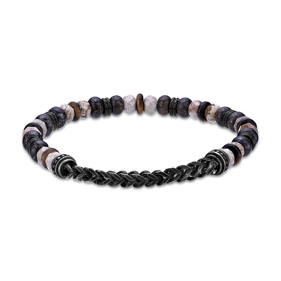 Tiger’s Eye, Jasper and Chalcedony Bead Chain Stretch Bracelet in Stainless Steel with Black Ion Plate - 8.5”
