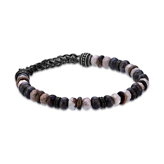 Tiger’s Eye, Jasper and Chalcedony Bead Chain Stretch Bracelet in Stainless Steel with Black Ion Plate - 8.5”