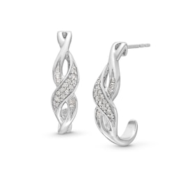 1/5 CT. T.W. Baguette and Round Diamond Infinity Twist J-Hoop Earrings in Sterling Silver