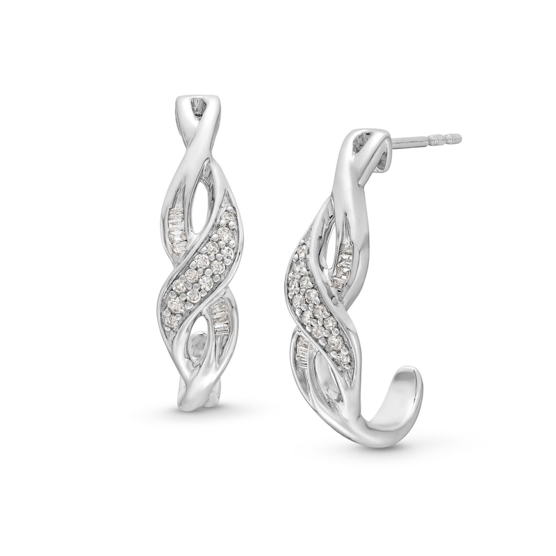 Main Image 1 of 1/5 CT. T.W. Baguette and Round Diamond Infinity Twist J-Hoop Earrings in Sterling Silver