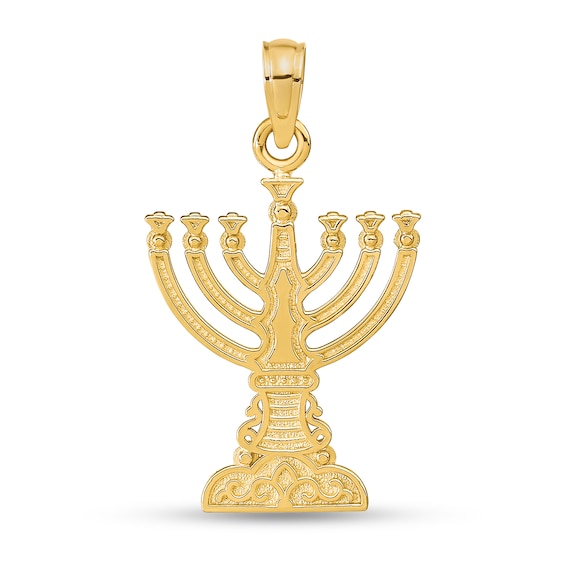 Menorah with Scrollwork Necklace Charm in Solid 14K Gold
