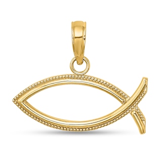 Beaded Open Ichthus Necklace Charm in Solid 14K Gold
